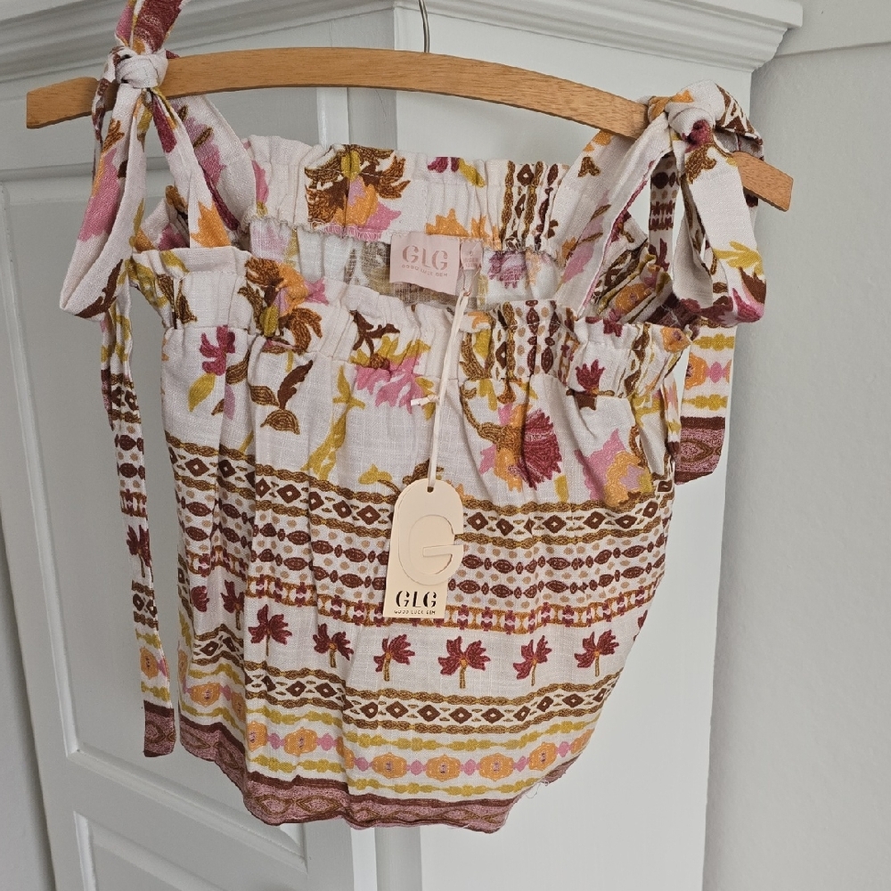 Good Luck Gem Floral Print Women's Crop Top - Pink and Brown NWT Size S